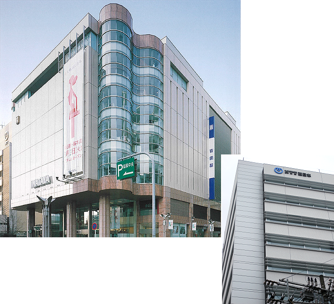 Wi-Fi自動販売機を設置した福岡市内の2拠点「岩田屋本館（左）」「NTT西日本 博多DOIMACHIビル（右）
