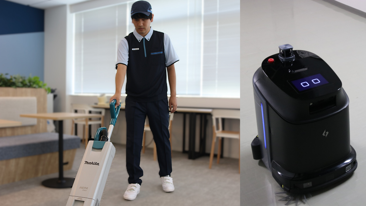 人とロボットのハイブリット型清掃で効率的な清掃を実施