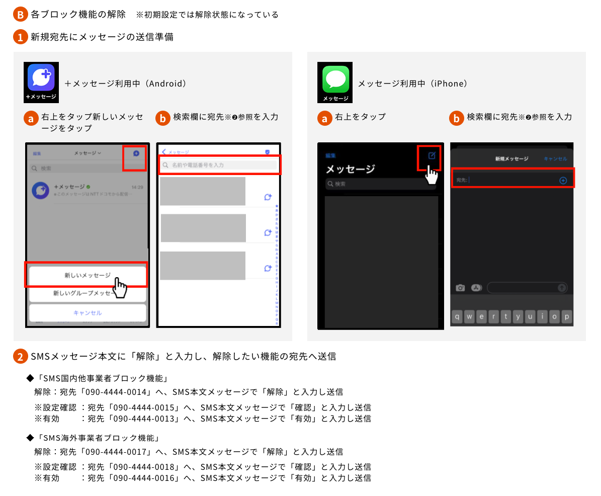 B 各ブロック機能の解除 ※初期設定では解除状態になっている 1.新規宛先にメッセージの送信準備 +メッセージ利用中(Android)a.右上をタップ新しいメッセージをタップ b.検索欄に宛先※➋参照を入力 メッセージ利用中(iPhone) a.右上をタップ b.検索欄に宛先※➋参照を入力 2.SMSメッセージ本文に「解除」と入力し、解除したい機能の宛先へ送信 ◆「SMS国内他事業者ブロック機能」 解除:宛先「090-4444-0014」へ、SMS本文メッセージで「解除」と入力し送信 ※設定確認:宛先「090-4444-0015」へ、SMS本文メッセージで「確認」と入力し送信 ※有効:宛先「090-4444-0013」へ、SMS本文メッセージで「有効」と入力し送信 ◆「SMS海外事業者ブロック機能」 解除:宛先「090-4444-0017」へ、SMS本文メッセージで「解除」と入力し送信 ※設定確認:宛先「090-4444-0018」へ、SMS本文メッセージで「確認」と入力し送信 ※有効:宛先「090-4444-0016」へ、SMS本文メッセージで「有効」と入力し送信